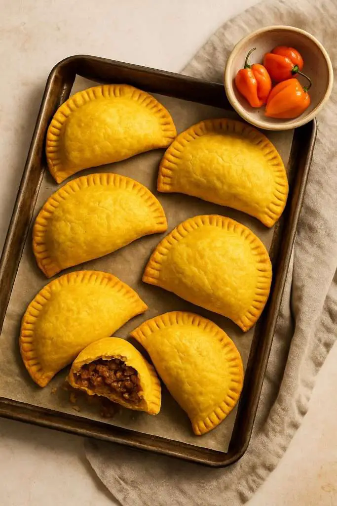 A freshly baked homemade Jamaican beef patty with a golden flaky crust, served on a simple white plate with a bite revealing the spiced beef filling.