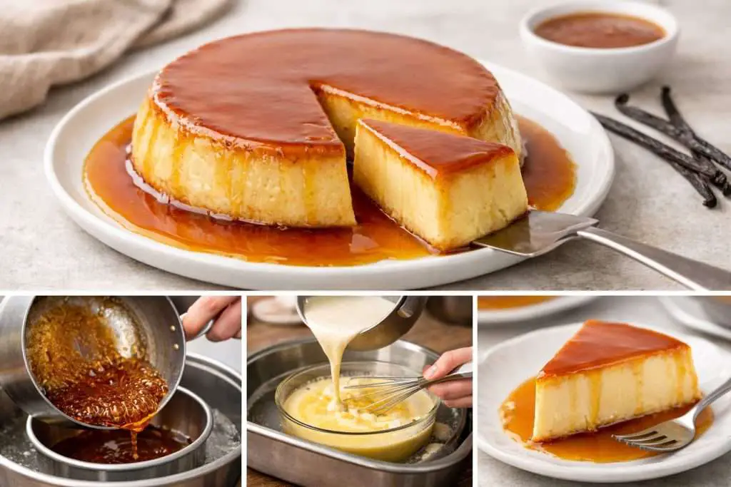 Step-by-step process showing how to make Portuguese vanilla flan, including caramelizing sugar, mixing vanilla custard, baking in a water bath, and serving with caramel sauce