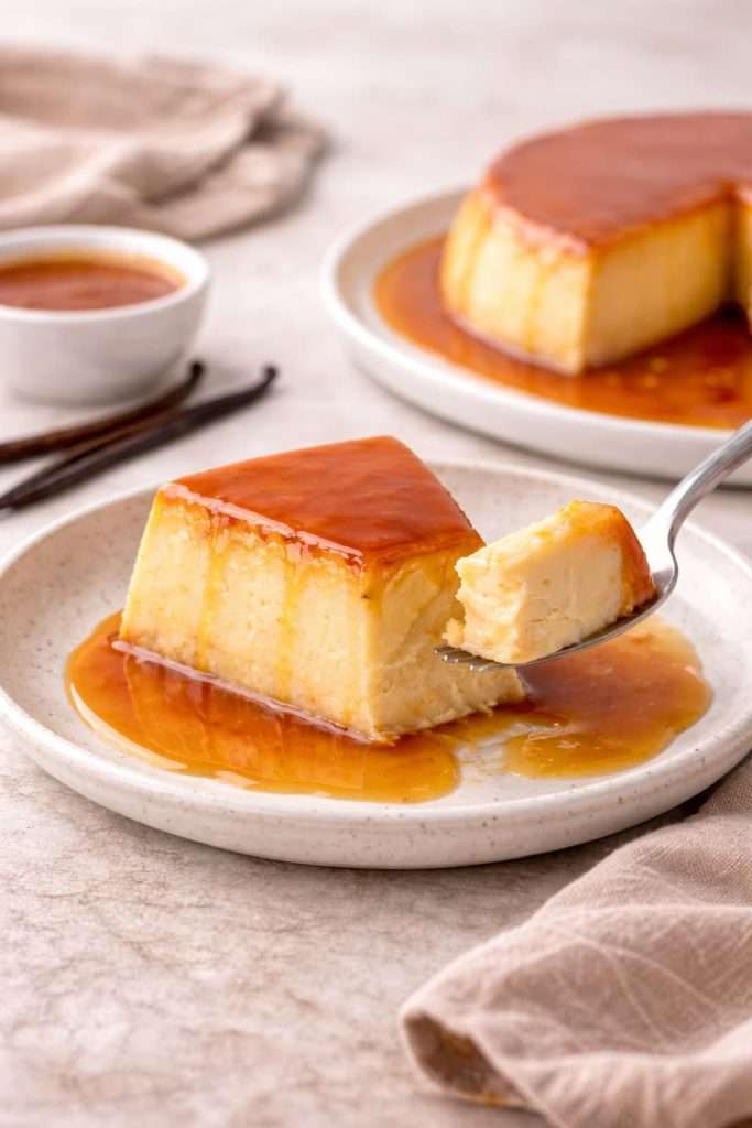 Portuguese vanilla flan with a spooned bite removed, showing creamy baked custard texture and caramel sauce pooling on the plate