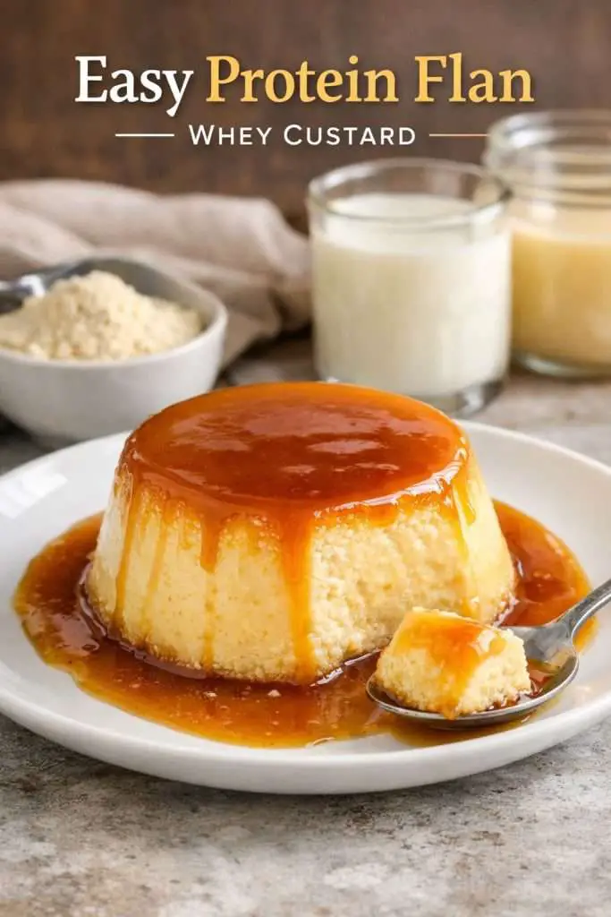 Protein flan made with whey custard, topped with caramel and served chilled