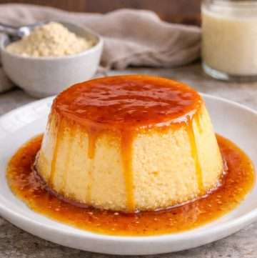 Protein flan made with whey custard, topped with caramel sauce and served chilled