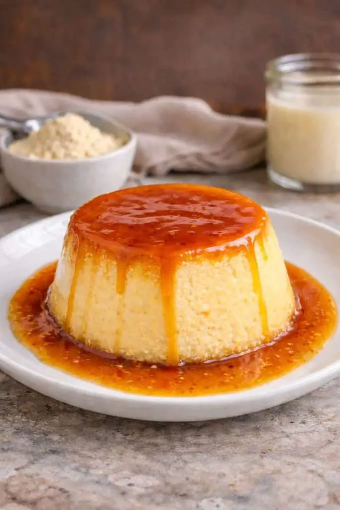 Protein flan made with whey custard, topped with caramel sauce and served chilled