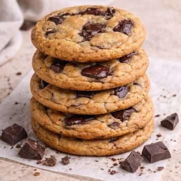 stack of buttery chocolate chunk cookies with melted chocolate chunks and soft centers