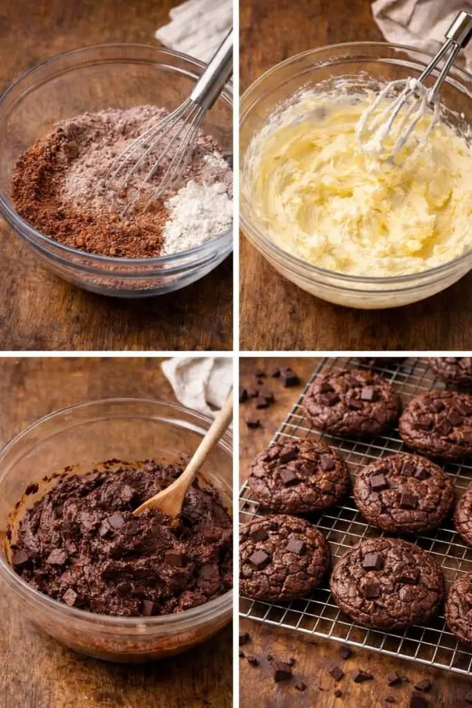 step by step instructions showing how to make triple chocolate cookies with cocoa powder dough, chocolate chunks, and cookies cooling on a wire rack