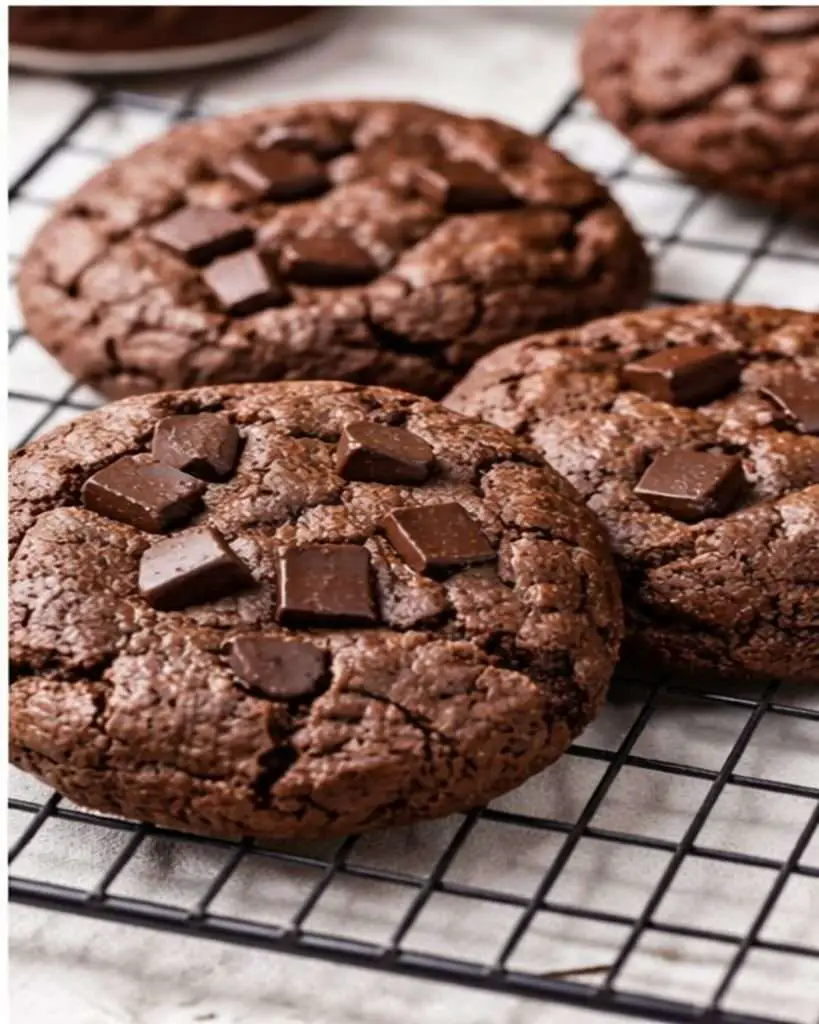 triple chocolate cookies with cocoa powder cooling on a wire rack with melted chocolate chunks