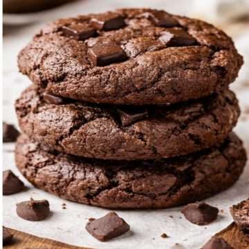 triple chocolate cookies recipe with cocoa powder stacked with melty chocolate chunks on parchment paper
