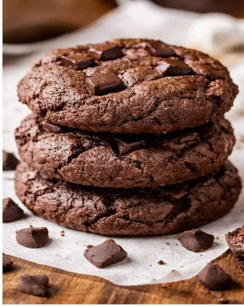 triple chocolate cookies recipe with cocoa powder stacked with melty chocolate chunks on parchment paper