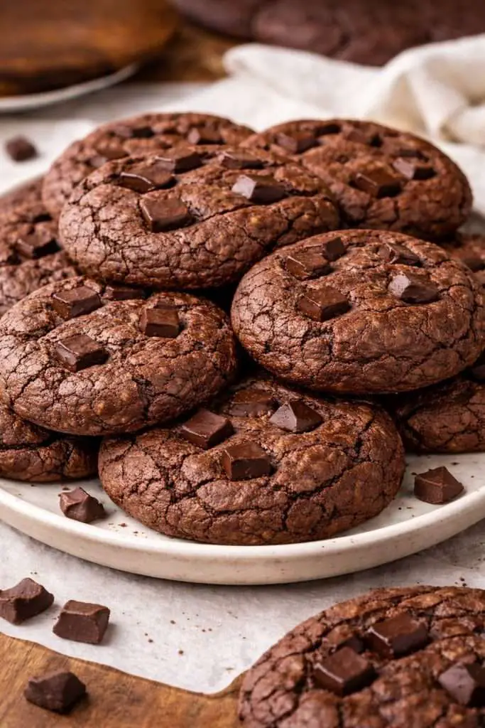 triple chocolate cookies with cocoa powder served on a white plate with dark chocolate chunks