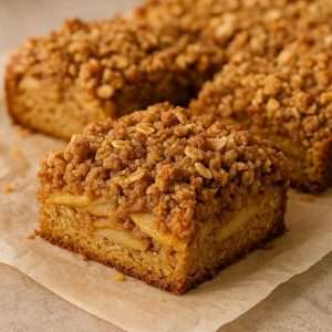Apple crisp crumble coffee cake made with Granny Smith apples, topped with a golden oat streusel crumble.