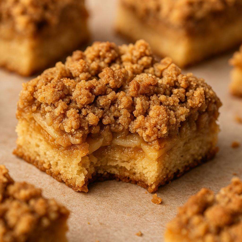 Close-up of a slice of apple crisp crumble coffee cake with a bite taken out, showing soft cinnamon apples and a golden oat topping.