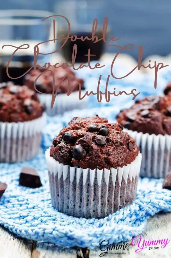 Dark chocolate muffins topped with semisweet chips on blue knit cloth