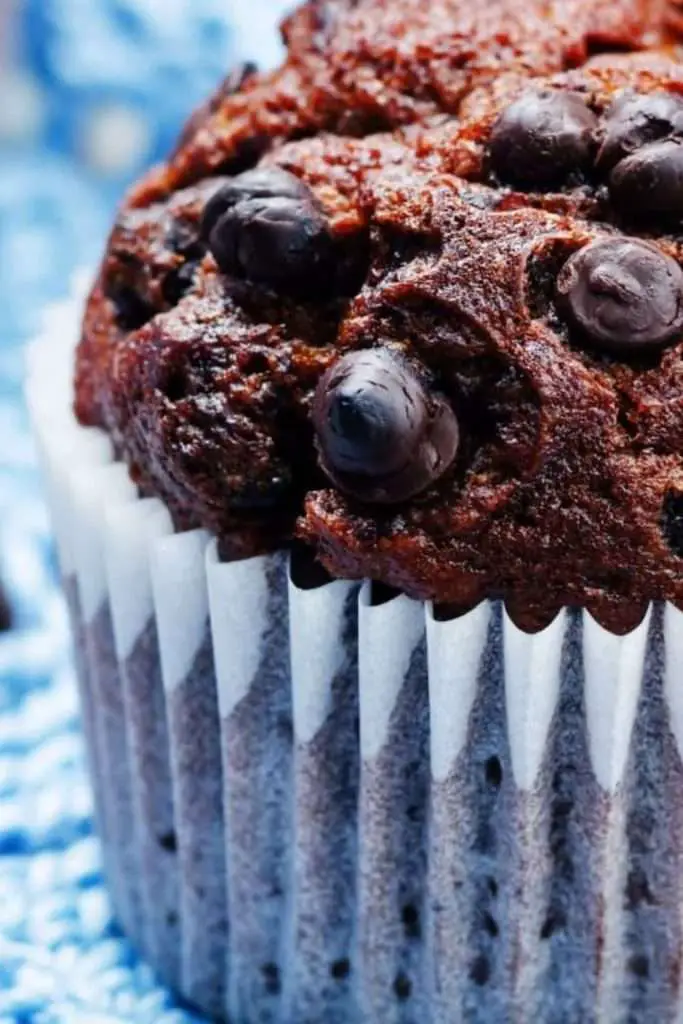 Tall bakery-style chocolate muffin with domed top and glossy chocolate chips