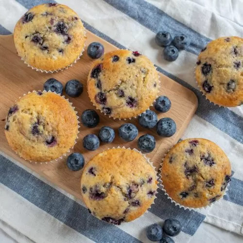 blueberry muffins made with frozen blueberries