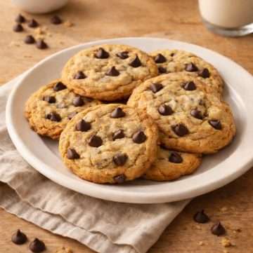 homemade chocolate chip cookies on a plate with golden edges and soft centers on a wooden table