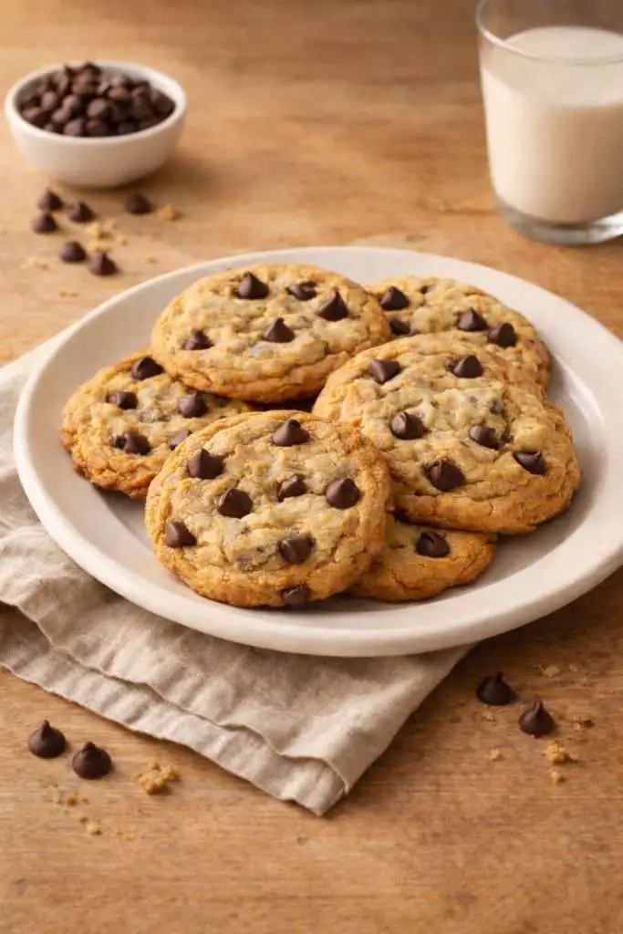 homemade chocolate chip cookies on a plate with golden edges and soft centers on a wooden table