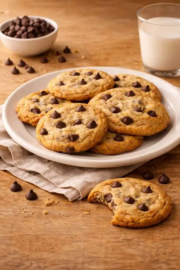 homemade chocolate chip cookies on a plate with a bite taken out, with milk and chocolate chips in the background