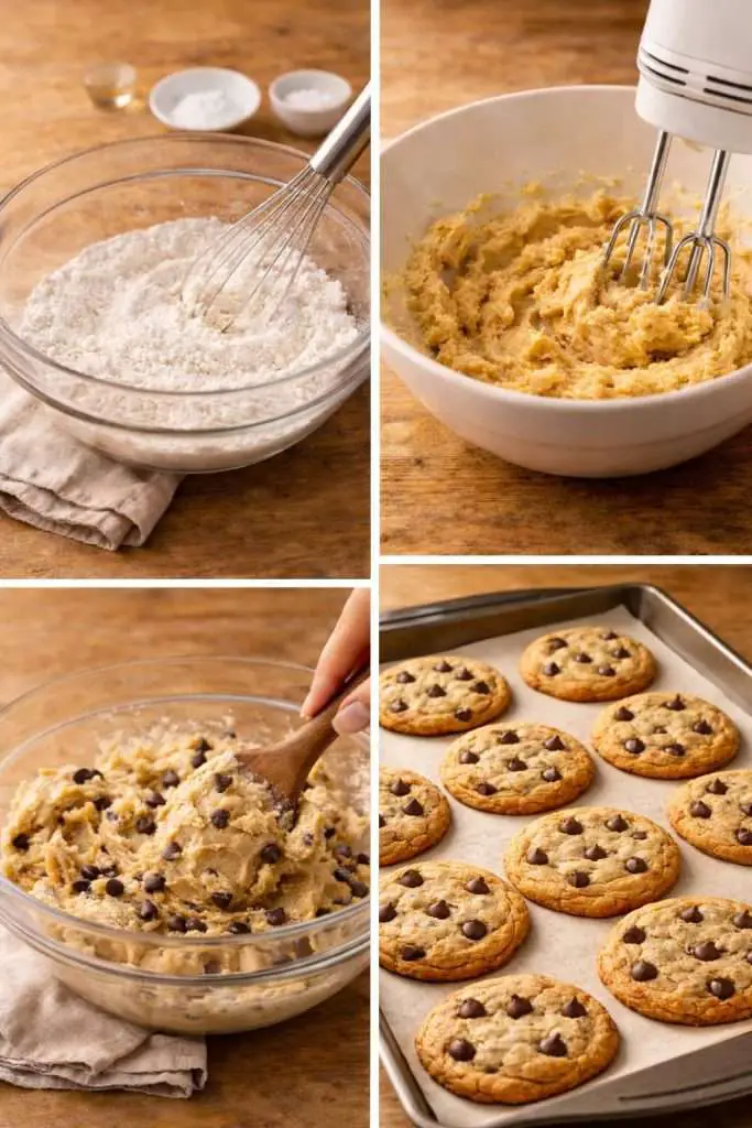 step-by-step instructions showing a flour mixture being whisked in a bowl, butter and sugars creamed until fluffy, chocolate chip cookie dough mixed, and cookies freshly baked on a parchment-lined tray