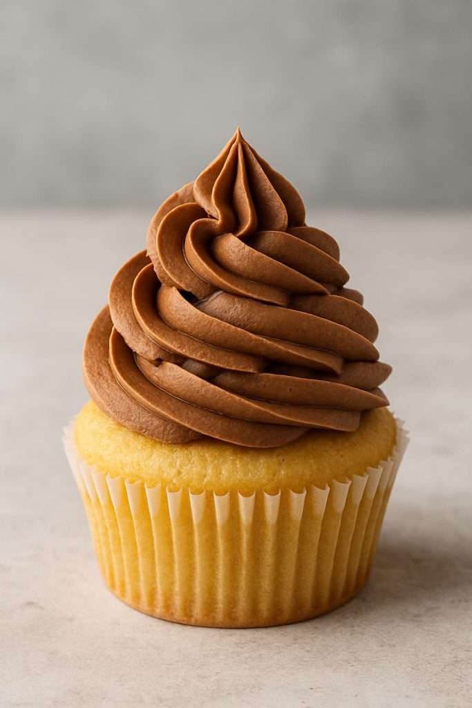A vanilla cupcake topped with a tall swirl of fluffy milk chocolate whipped ganache frosting, piped with a star tip for a bakery-style finish