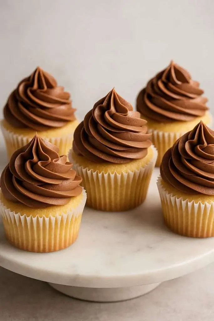 A group of vanilla cupcakes frosted with milk chocolate whipped ganache, arranged on a white marble cake stand. 