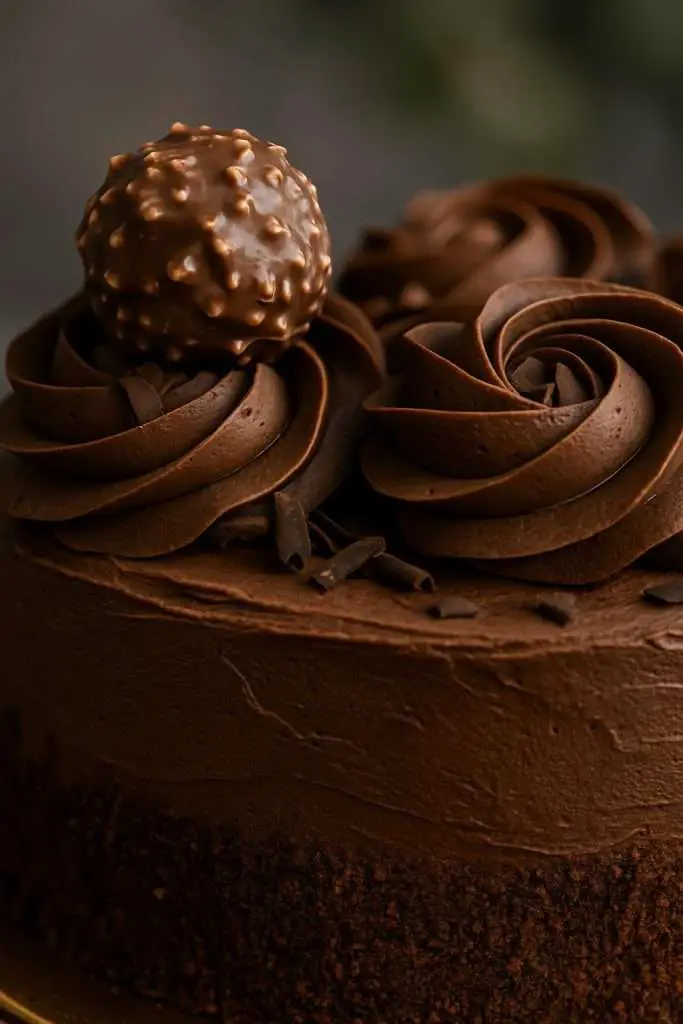whipped chocolate ganache rosettes with a Ferrero-style truffle and chocolate shavings, showing the frosting’s smooth, airy texture