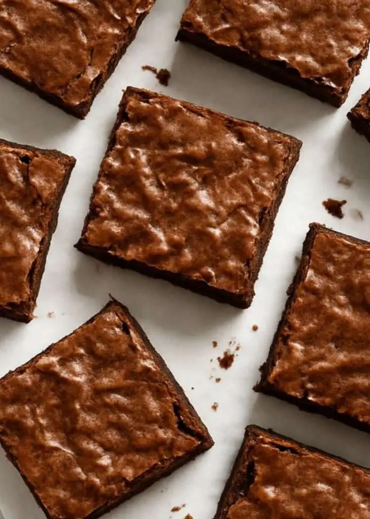 Bakery-style fudgy brownies with shiny, crackly tops, sliced into squares on parchment paper to show off their rich chocolate texture and flaky crust.
