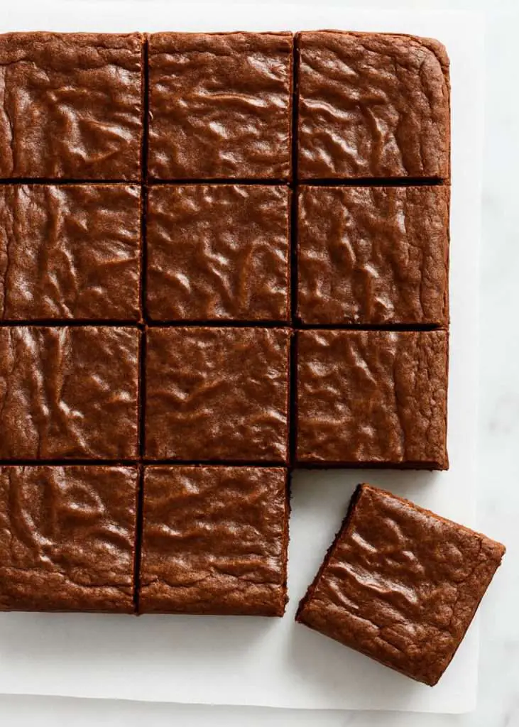 Top-down view of bakery-style fudgy brownies with shiny, crackly tops, sliced cleanly into squares and arranged on parchment paper.