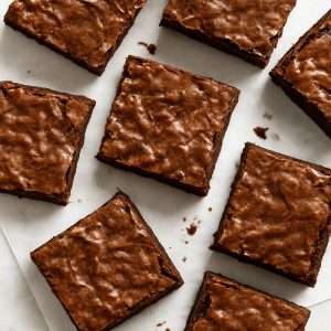 Fudgy brownies with shiny, crackly tops sliced into squares on parchment paper, showing their rich chocolate texture and glossy crust.