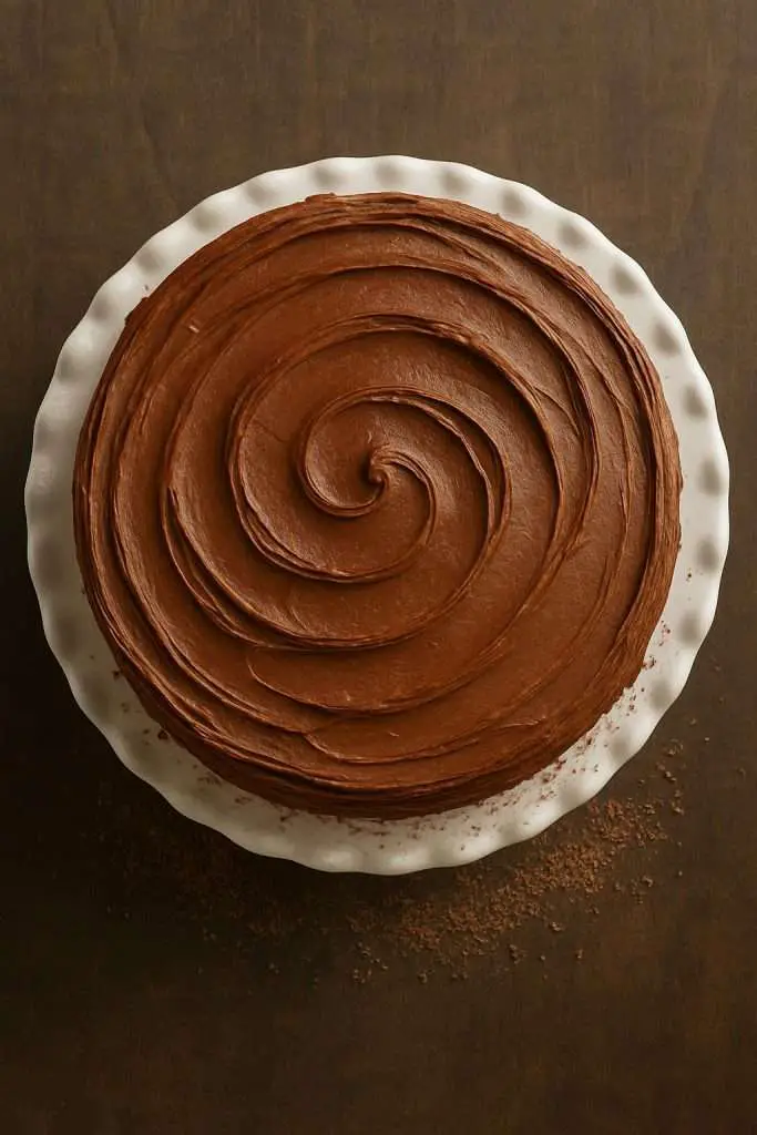Overhead view of a two layer super moist chocolate cake coated in glossy chocolate buttercream, sitting on a white ruffled pedestal stand against a dark walnut backdrop.