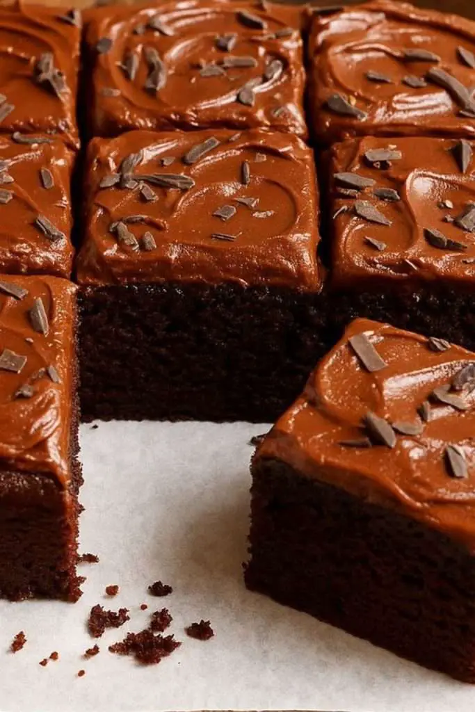 Moist chocolate fusge cake cut into squares