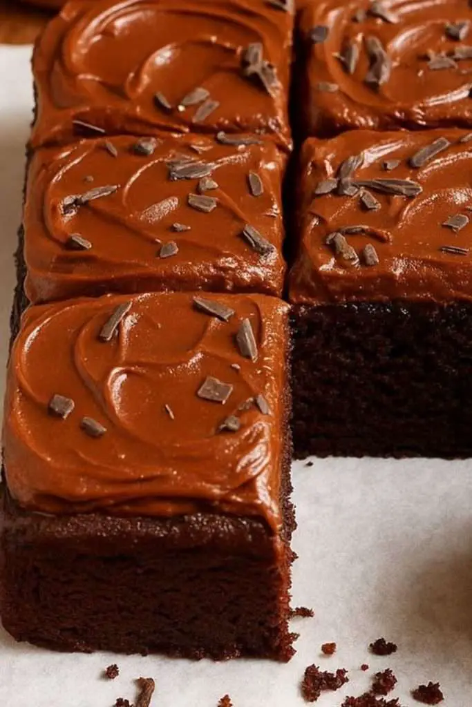 fudgy chocolate cake slice with frosting
