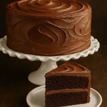 Super moist chocolate cake on white ruffled stand with single slice on plate; glossy buttercream; dark walnut background.