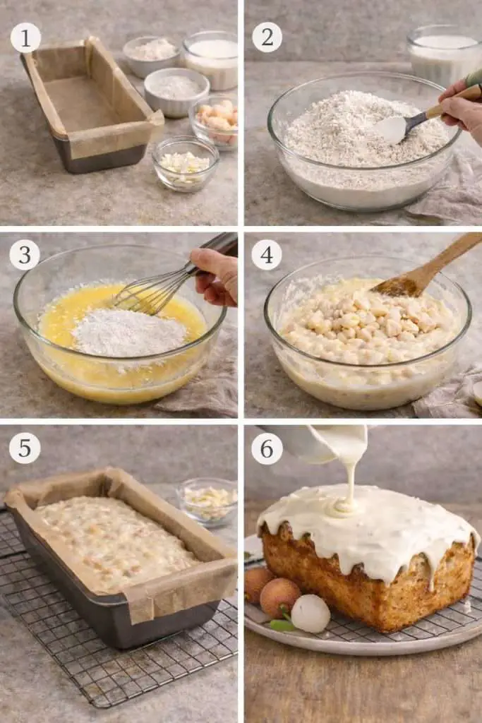 Step-by-step photos showing how to make coconut lychee cake with white chocolate glaze, from preparing the pan and mixing the batter to baking and glazing the whole cake