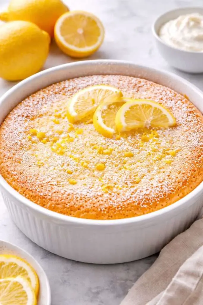 whole baked lemon pudding cake in a white baking dish with golden top and lemon slices