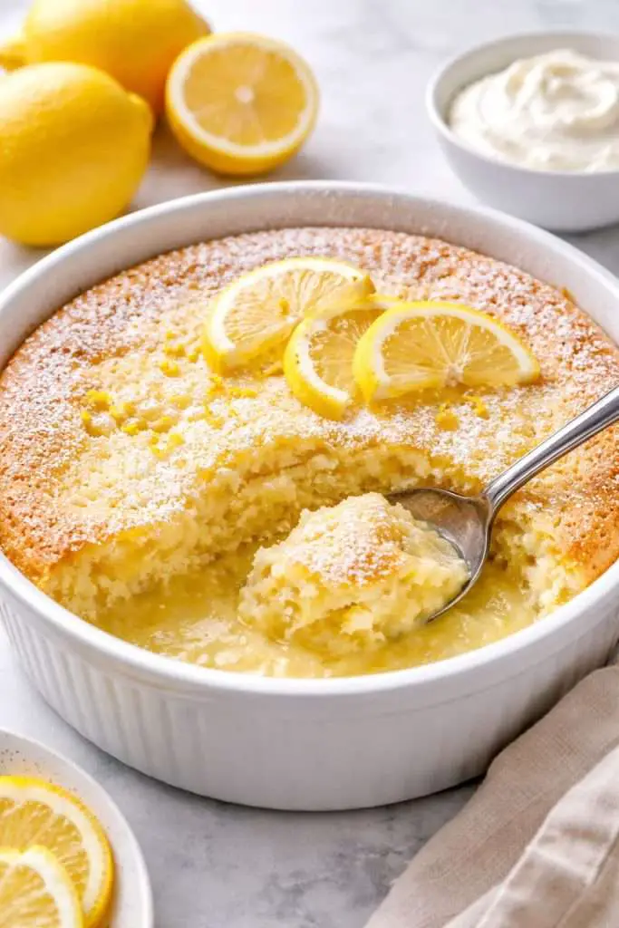 baked lemon pudding in a white baking dish with fluffy lemon cake on top and silky lemon sauce underneath