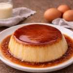 Brazilian condensed milk flan (pudim de leite) with glossy caramel sauce on a white plate, with eggs and condensed milk in the background