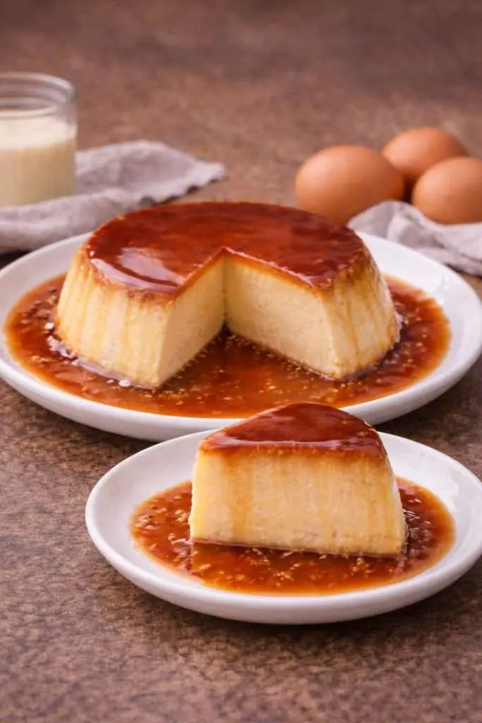 Brazilian condensed milk flan (pudim de leite) with a slice removed, showing the smooth custard texture and caramel sauce on the plate