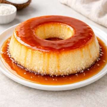 ring-shaped coconut flan with caramel sauce made with coconut milk