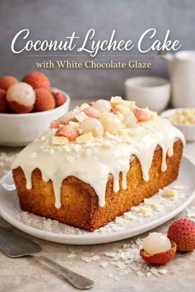 Coconut lychee cake with white chocolate glaze, topped with coconut flakes and fresh lychees