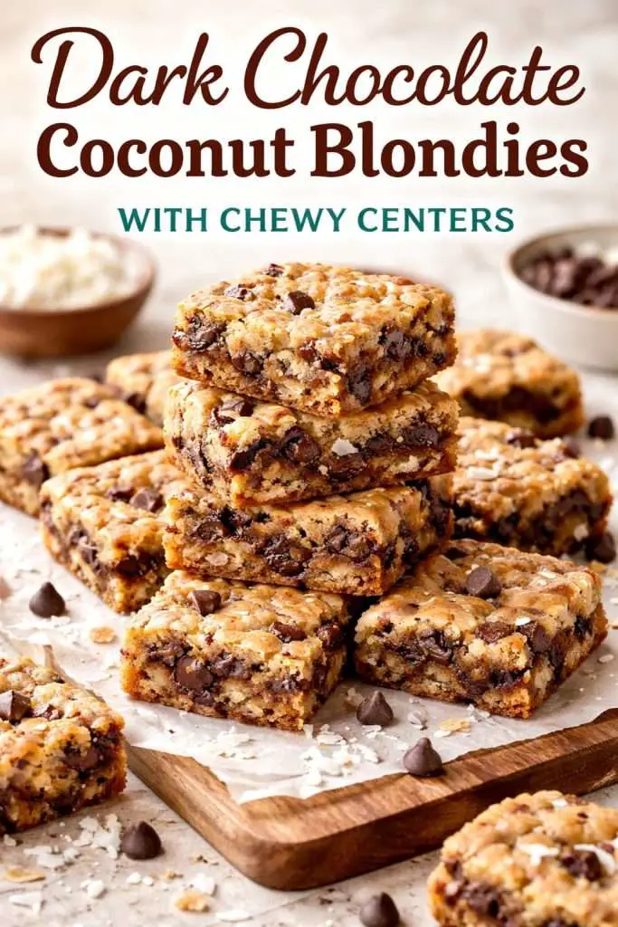 Dark chocolate coconut blondies with chewy centers stacked on parchment with visible chocolate chunks and coconut