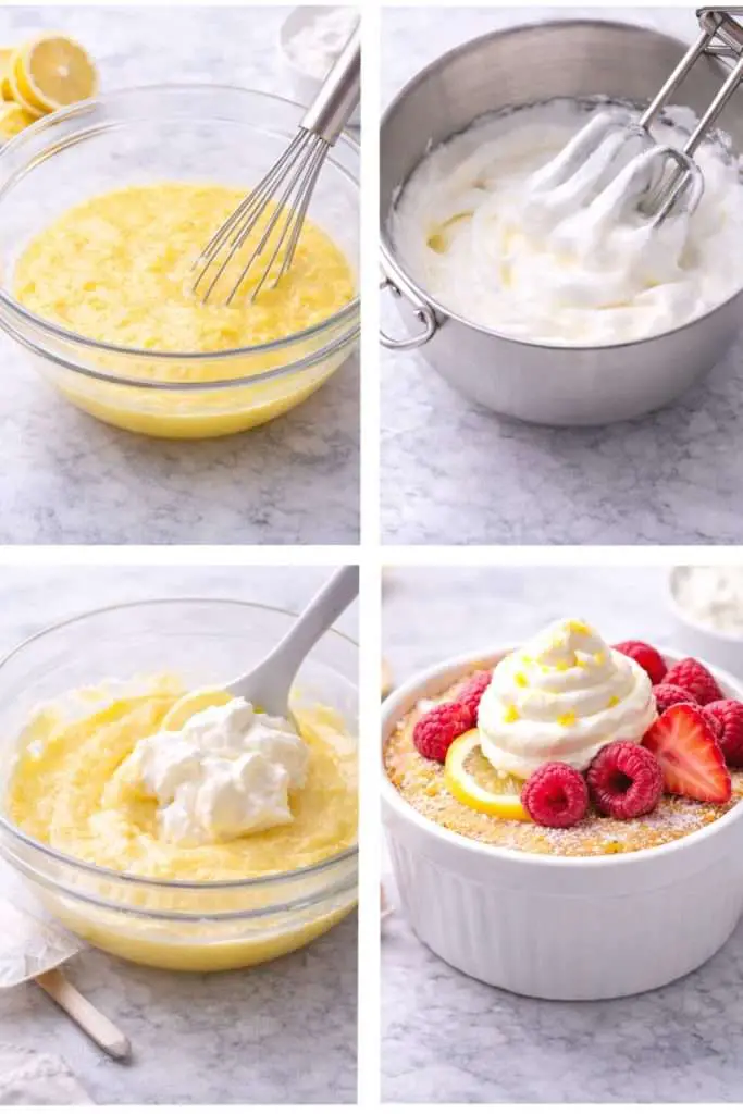 Step-by-step collage showing how to make baked lemon pudding cake, including mixing the lemon batter, whipping egg whites, folding the mixture, and baked lemon pudding in a ramekin topped with whipped cream and berries