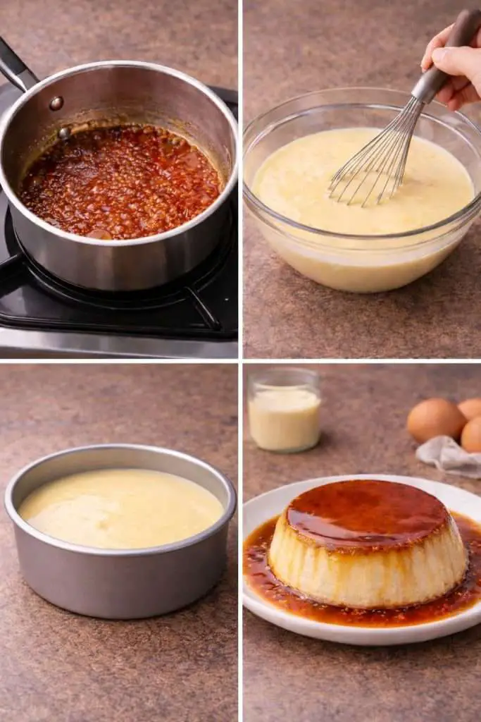 Step-by-step process showing how to make Brazilian condensed milk flan (pudim de leite), from caramelizing sugar to mixing custard, filling the pan, and serving with caramel sauce