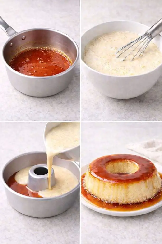 step by step process showing how to make coconut flan from caramel to baked flan