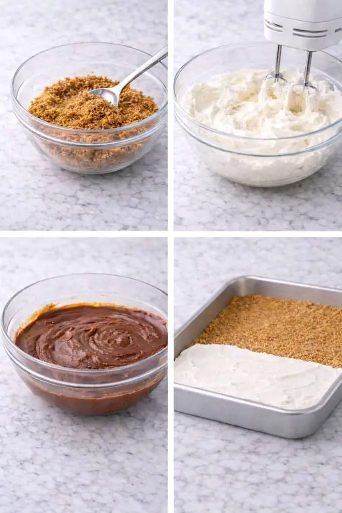 step-by-step midnight cowboy delight chocolate delight dessert showing graham cracker crust cream cheese layer and chocolate pudding