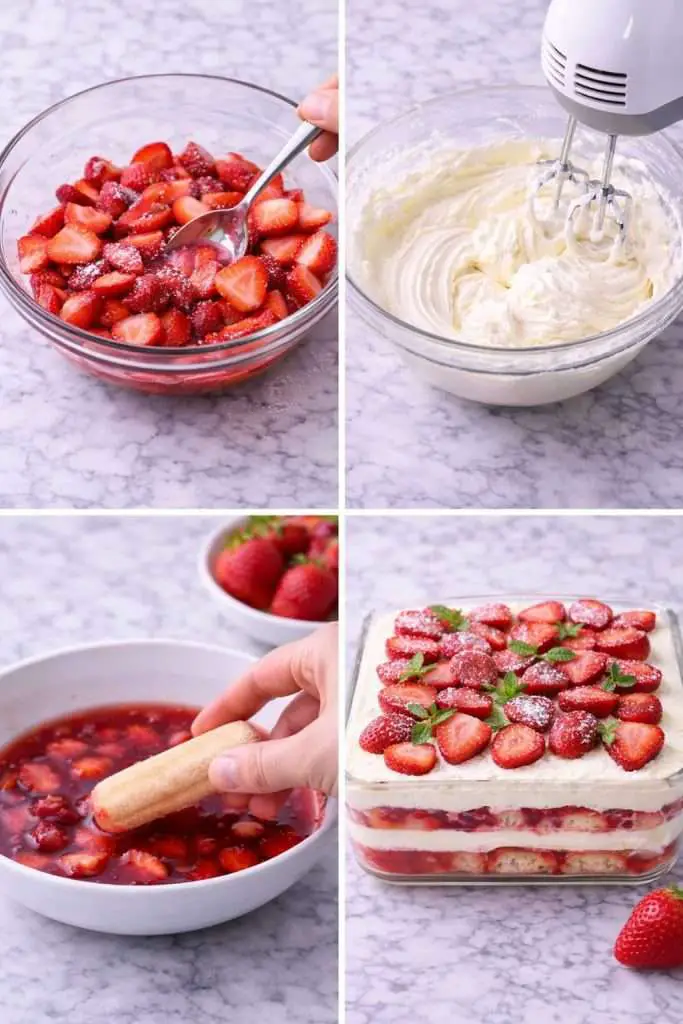 step-by-step no-bake strawberry tiramisu showing strawberries, mascarpone cream, dipped ladyfingers, and layered dessert
