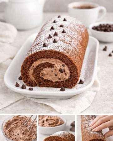 Fully assembled Japanese Chocolate Chiffon Swiss Roll Cake on a white platter, sliced to show fluffy chocolate sponge rolled with creamy chocolate whipped cream filling, dusted with powdered sugar and chocolate chips.