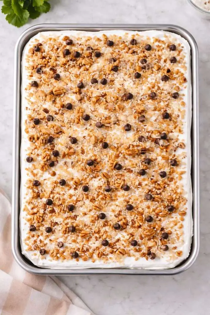 midnight cowboy delight layered chocolate pudding dessert in a 9x13 pan topped with coconut pecans and chocolate chips