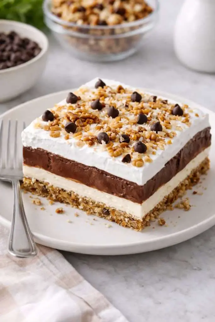 midnight cowboy delight chocolate delight dessert square on a plate showing layered crust cream cheese chocolate pudding and whipped topping