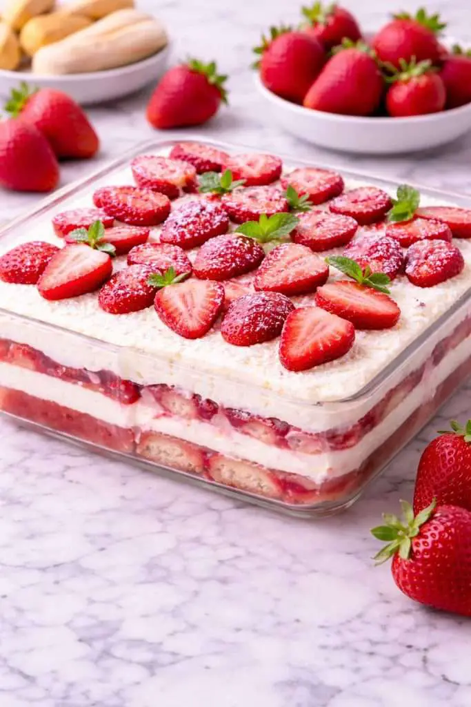 no-bake strawberry tiramisu in a glass baking dish topped with fresh strawberries and mascarpone cream
