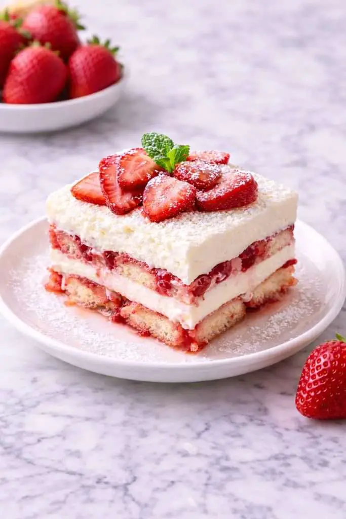 no-bake strawberry tiramisu slice on a plate topped with strawberries and powdered sugar