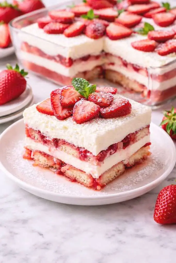 no-bake strawberry tiramisu in a glass dish topped with fresh strawberries and mascarpone cream